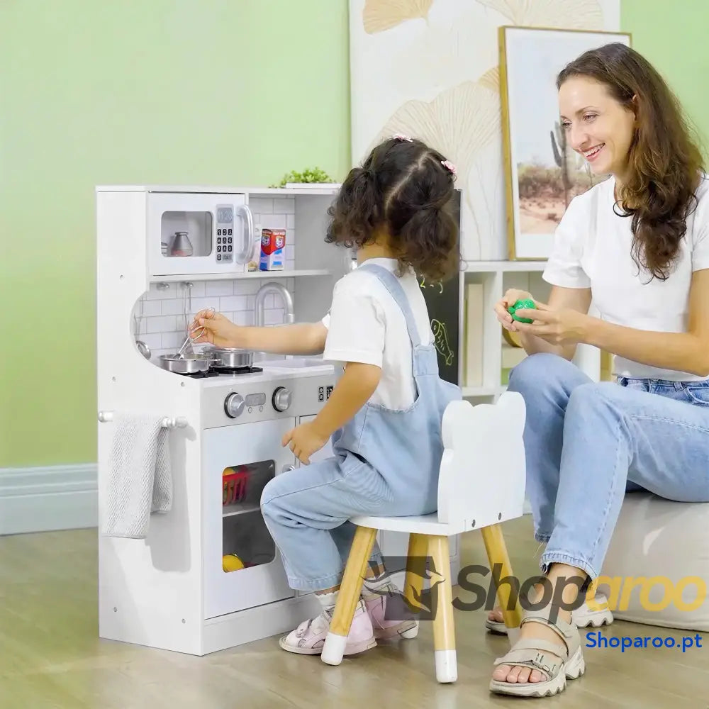 Cozinha de Brincar para Crianças acima de 3 anos Cozinha Infantil de Madeira com Acessórios Máquina de Gelo Ardósia e Telefone 83,8x26,8x81 cm Rosa