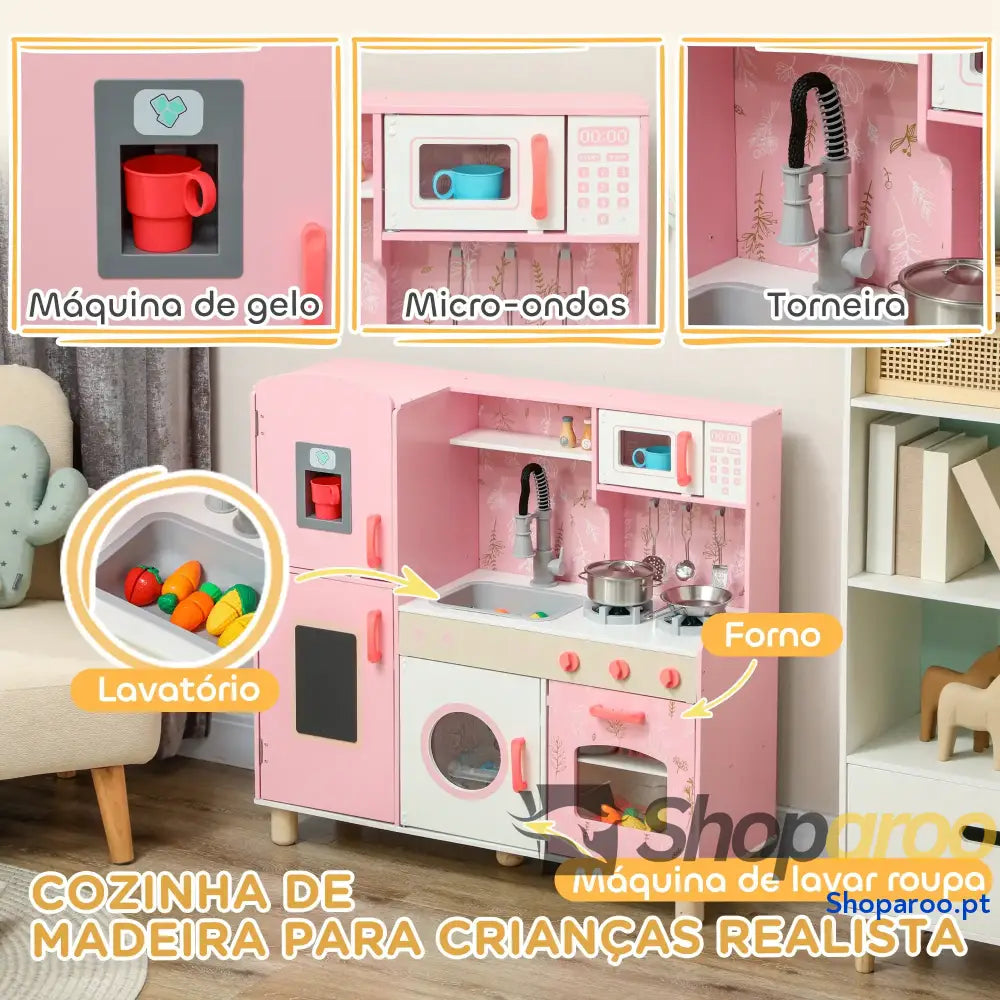 Cozinha de Madeira para Crianças com Máquina Gelo e Acessórios