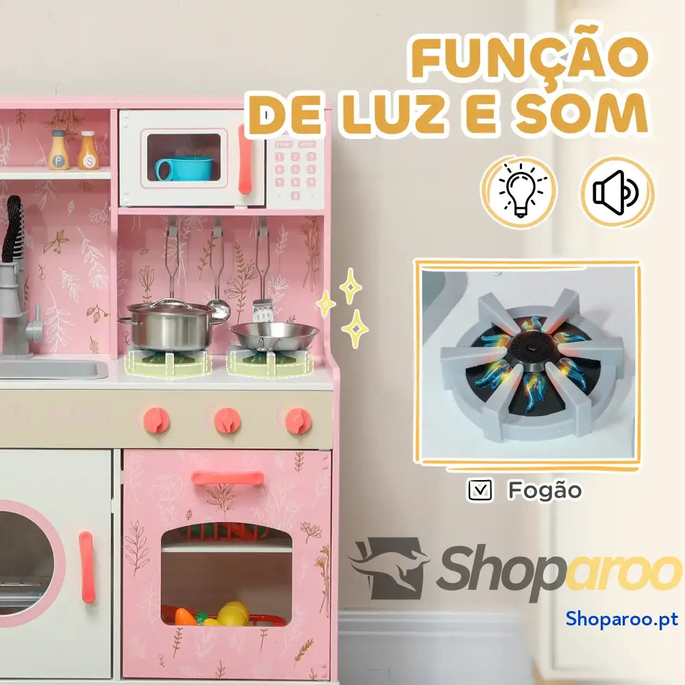 Cozinha de Madeira para Crianças com Máquina Gelo e Acessórios