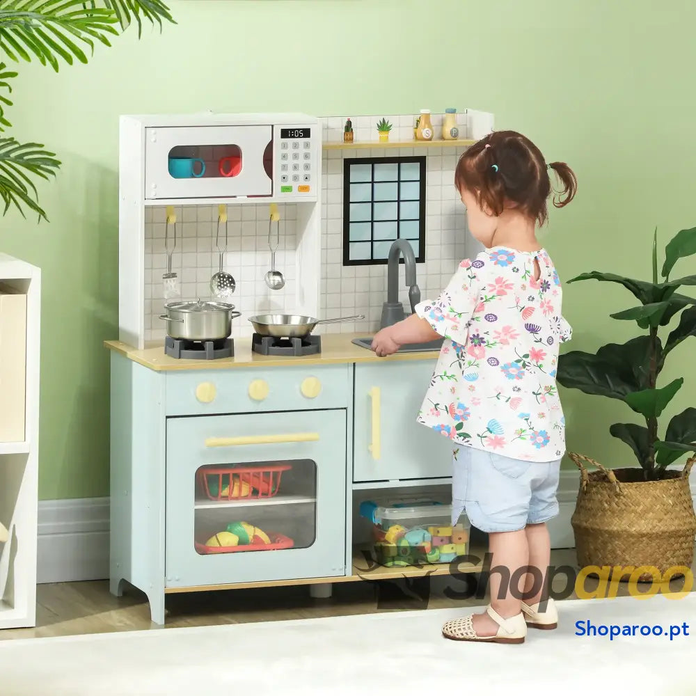 Cozinha de Madeira para Crianças Infantil com Acessórios Azul