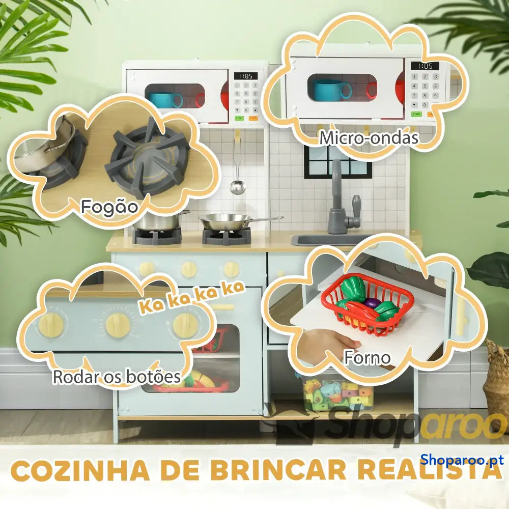 Cozinha de Madeira para Crianças Infantil com Acessórios Azul