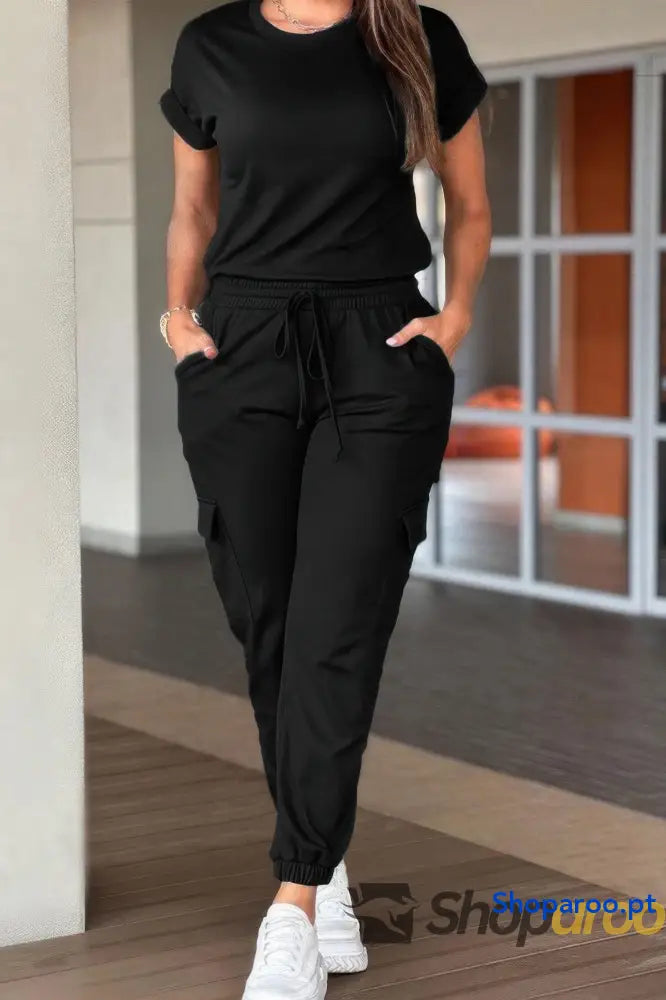 Crew Neck Short Sleeve Drawstring Waist Jumpsuit