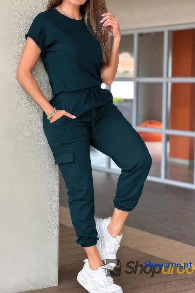 Crew Neck Short Sleeve Drawstring Waist Jumpsuit