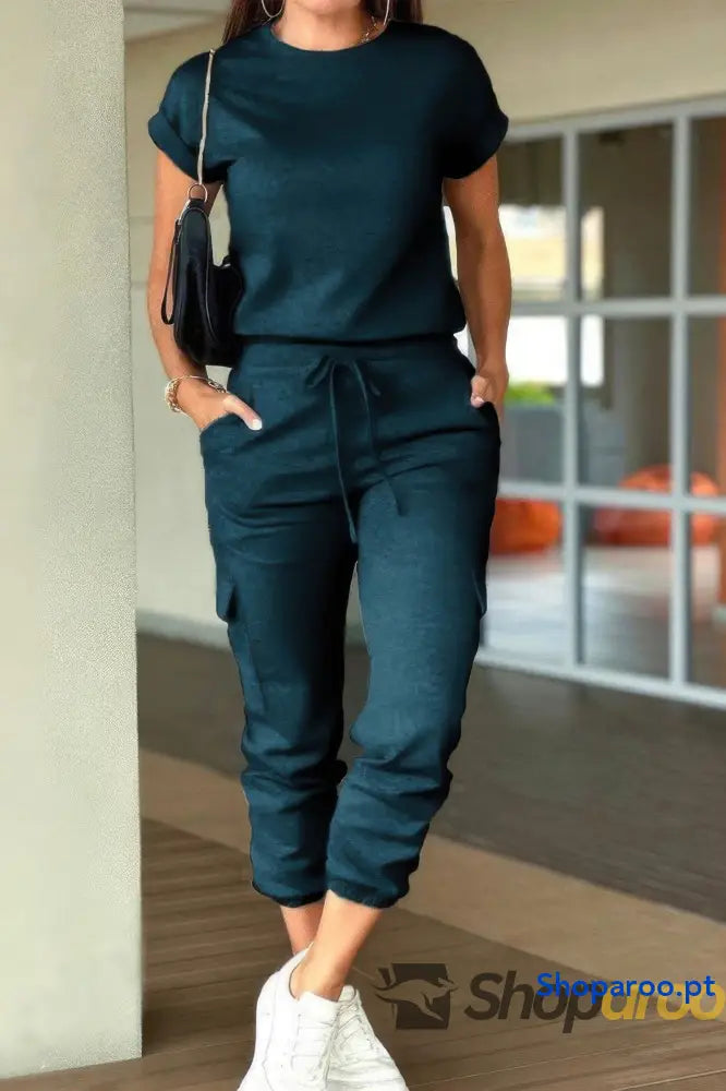 Crew Neck Short Sleeve Drawstring Waist Jumpsuit
