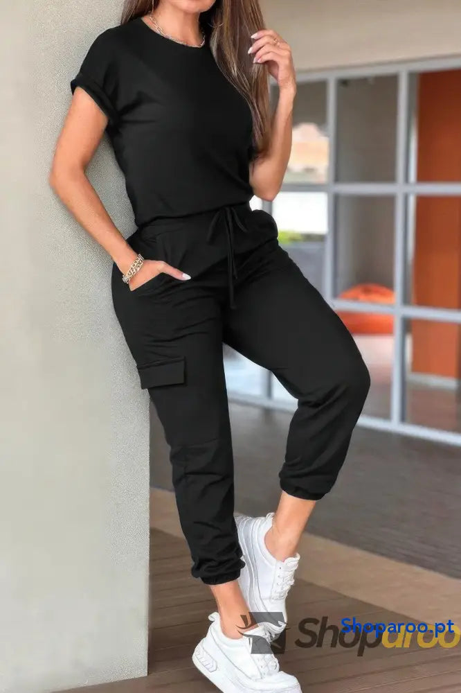 Crew Neck Short Sleeve Drawstring Waist Jumpsuit