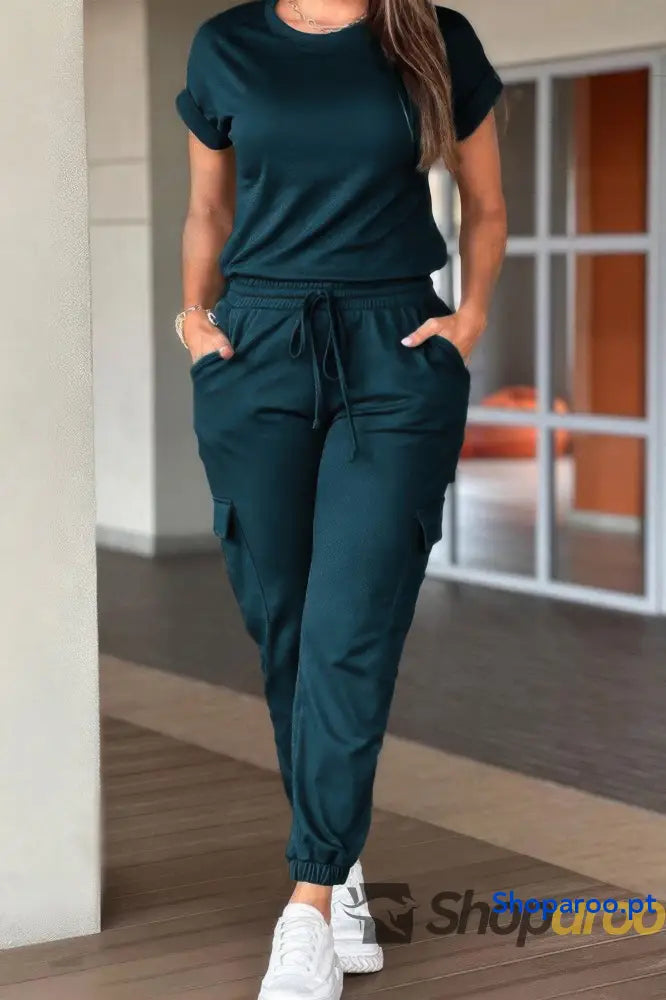 Crew Neck Short Sleeve Drawstring Waist Jumpsuit