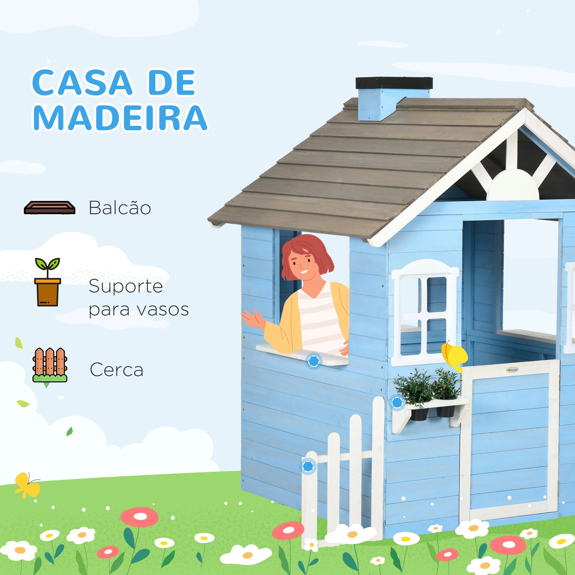 Casa de madeira para crianças azul com porta e janelas para exterior