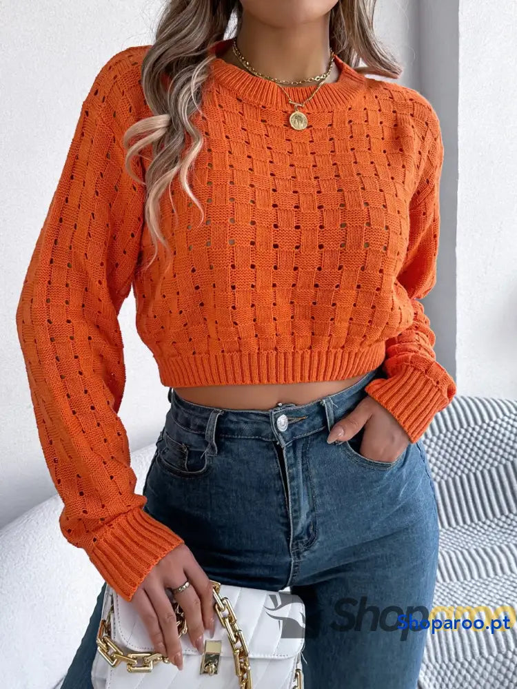 Cutout Back Openwork Round Neck Long Sleeve Sweater