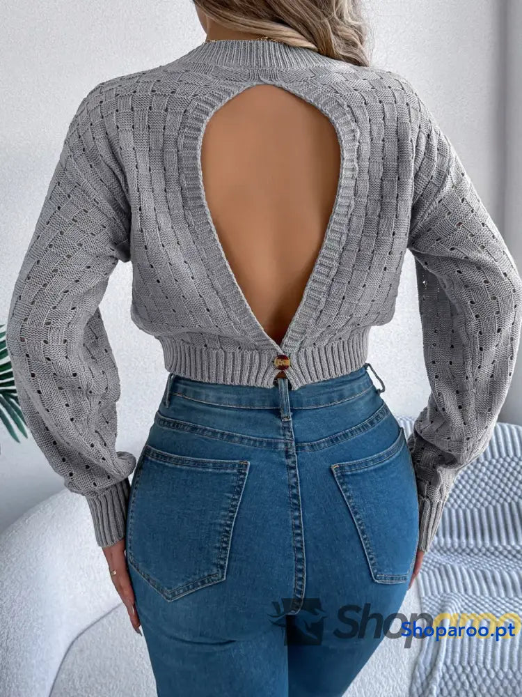 Cutout Back Openwork Round Neck Long Sleeve Sweater