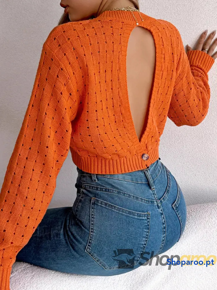 Cutout Back Openwork Round Neck Long Sleeve Sweater