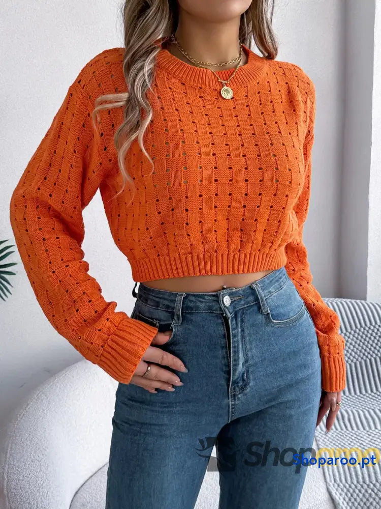 Cutout Back Openwork Round Neck Long Sleeve Sweater