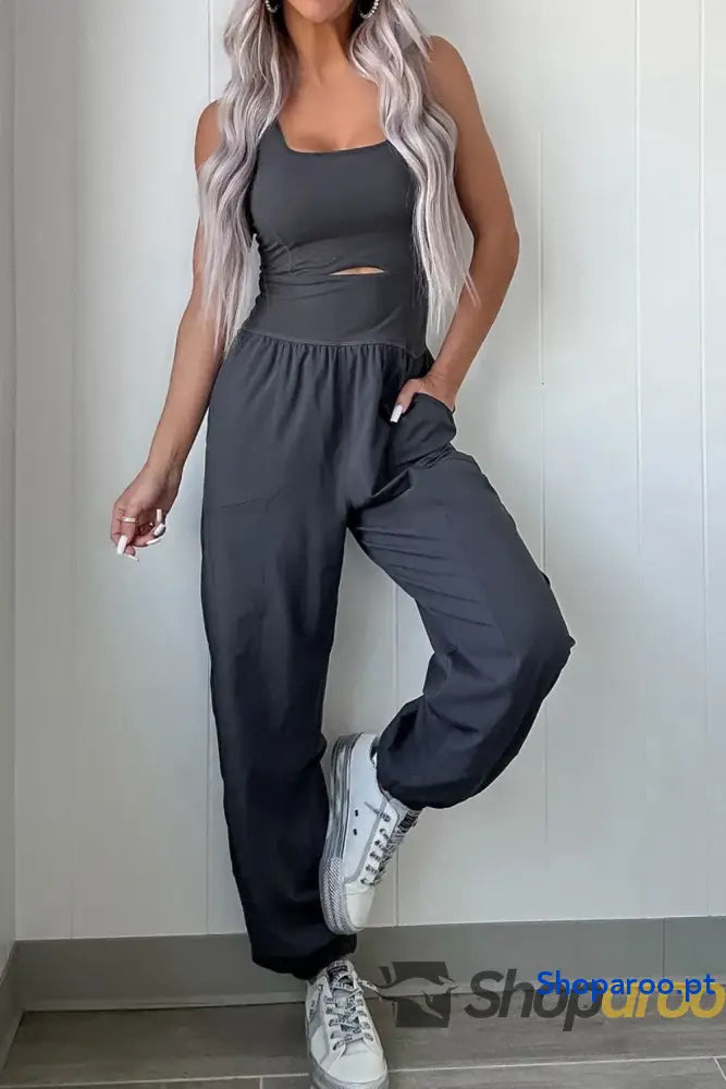Cutout Square Neck Wide Strap Active Jumpsuit