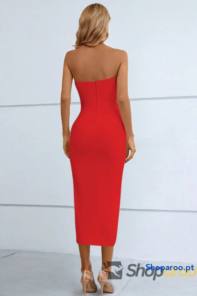 Cutout Strapless Drawstring Detail Split Bandage Dress