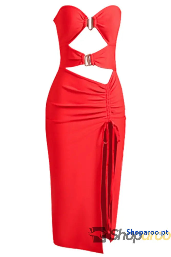 Cutout Strapless Drawstring Detail Split Bandage Dress