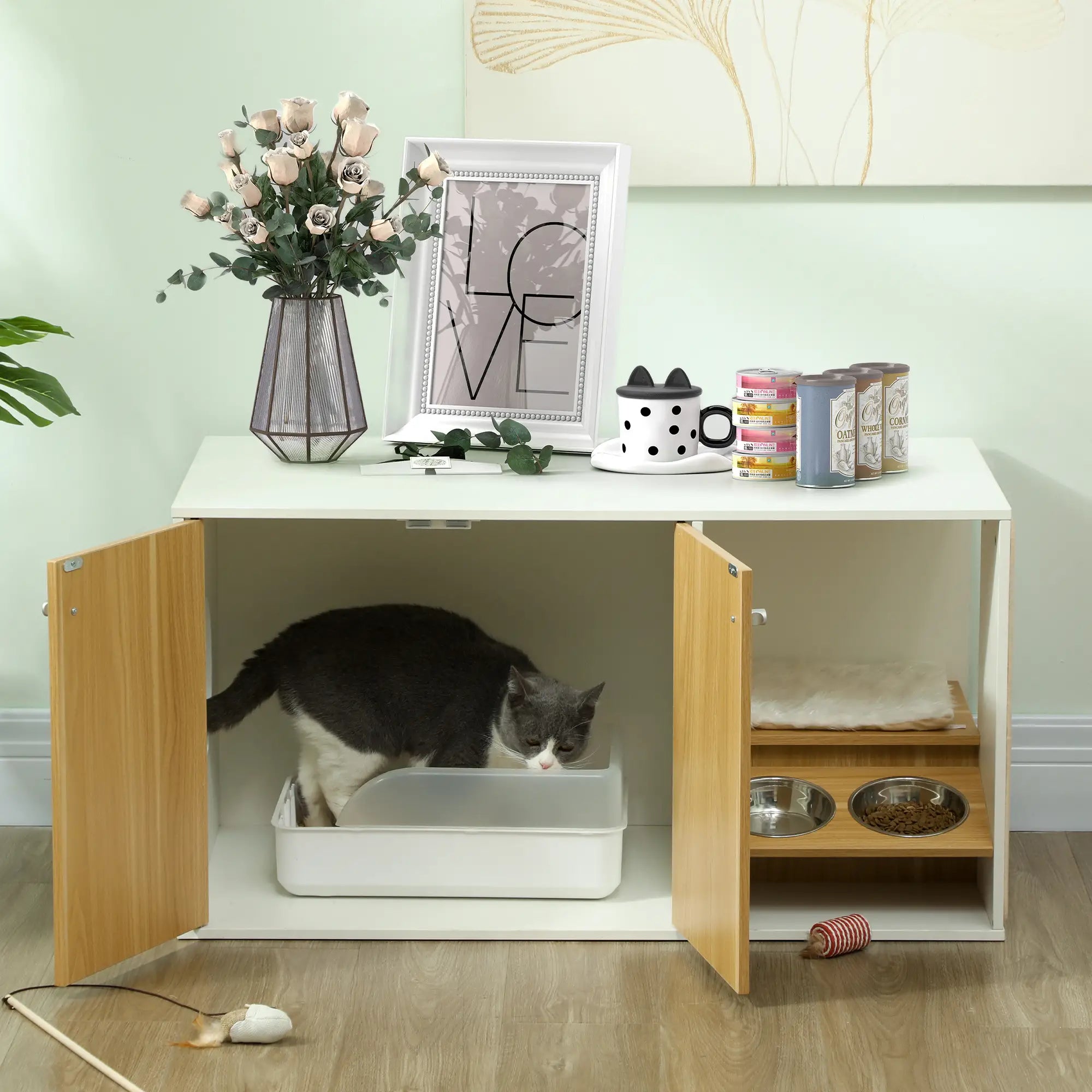 Móvel Caixa de Areia para Gatos 3 em 1 Branco e Carvalho 95x48x50,5 cm