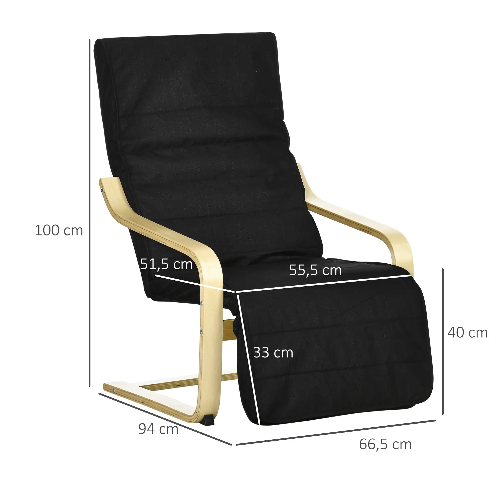 Poltrona Relax com Apoio para os Pés Ajustáveis Poltrona Estofada em Tecido com Estrutura de Madeira 66,5x94x100 cm Preto