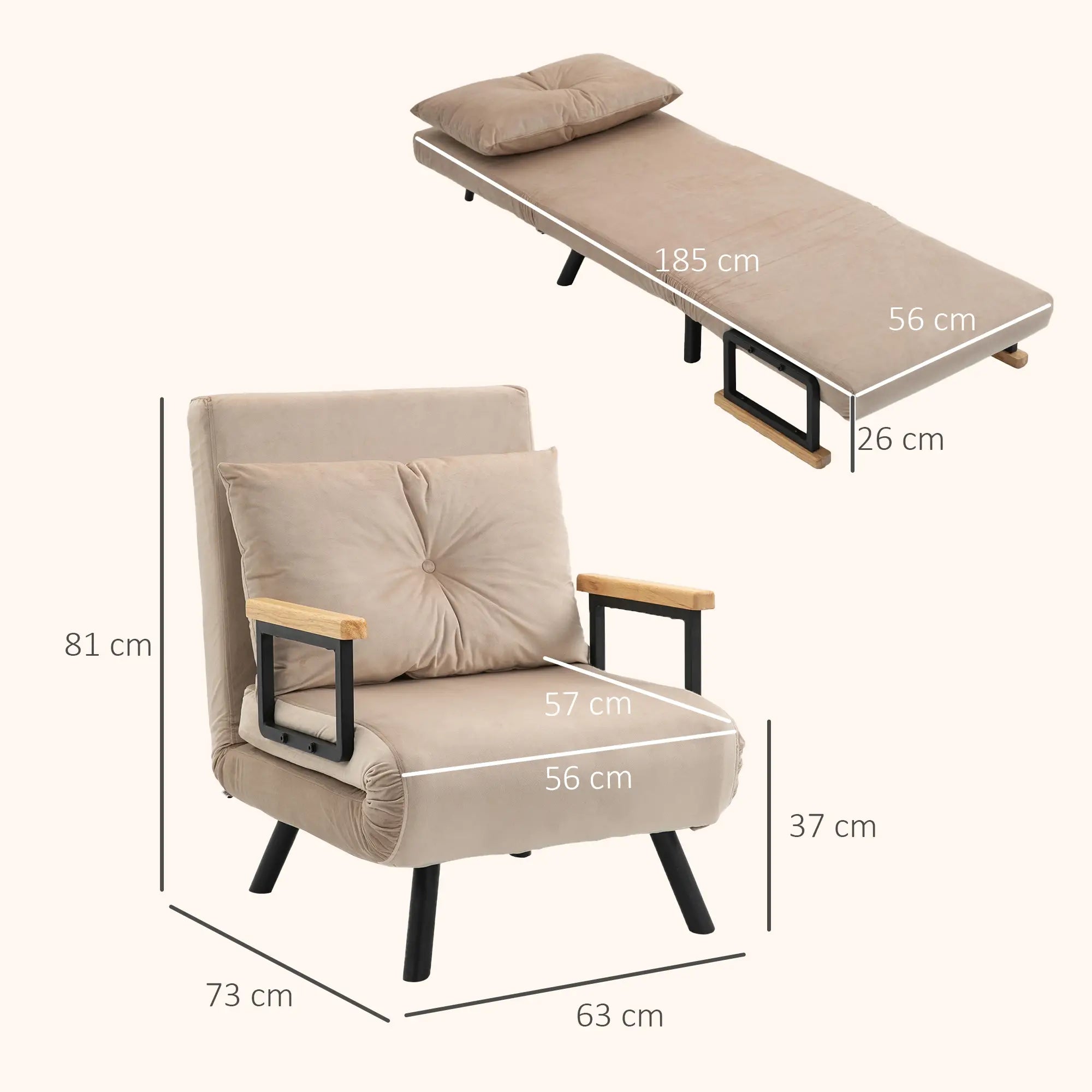 Poltrona Convertível em Cama Poltrona 3 em 1 Convertível em Cama com Encosto Ajustável em 5 Níveis 63x73x81 cm Bege