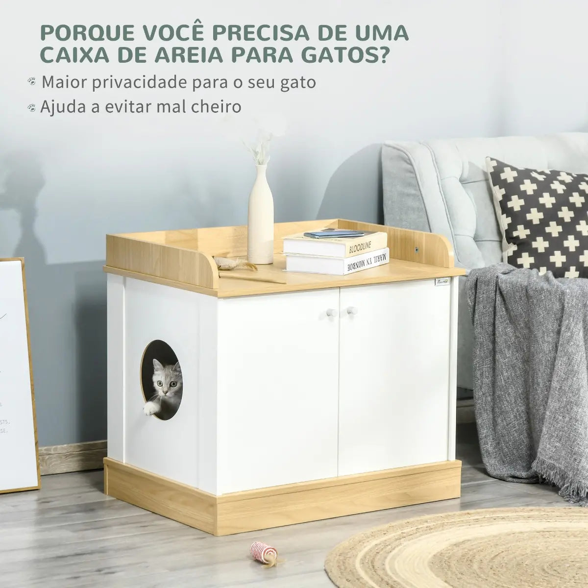 Caixa de Areia para Gatos com Pá Sanita para Animais de Estimação com 2 Portas 44x55x39 cm Branco e Cinza