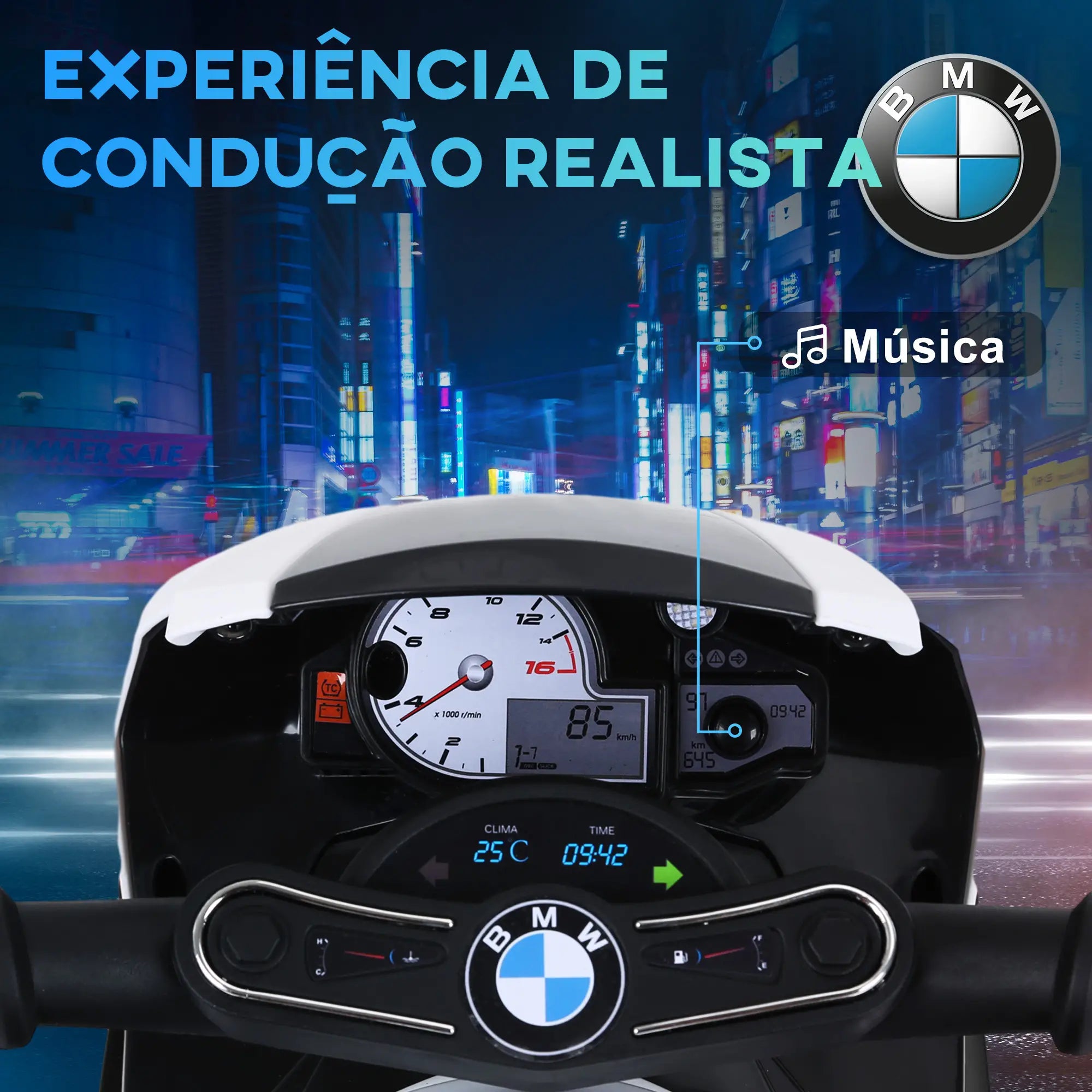 Mota Elétrica BMW para Crianças entre 18-36 Meses 6V com Faróis Música e Velocidade Máx. de 2,5 km/h 66x37x44 cm Preto