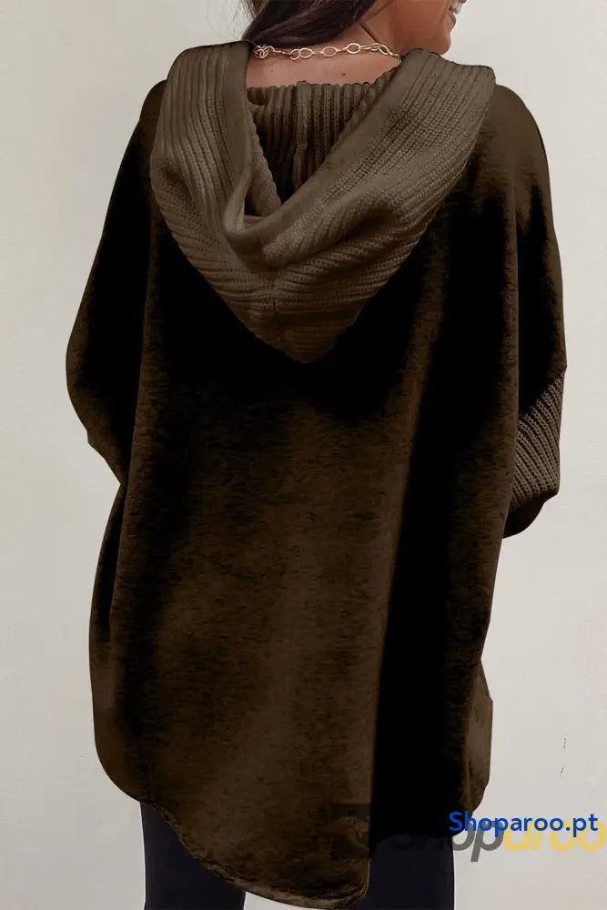 Dark Brown Button Up Contrast Knitted Sleeves Hooded Jacket