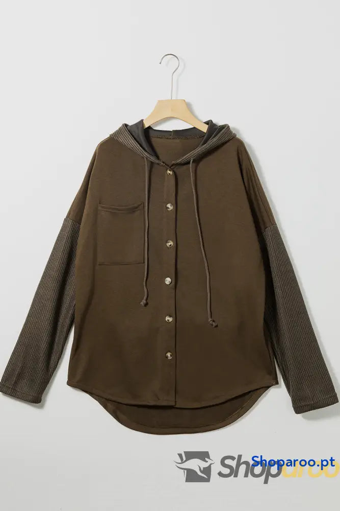 Dark Brown Button Up Contrast Knitted Sleeves Hooded Jacket