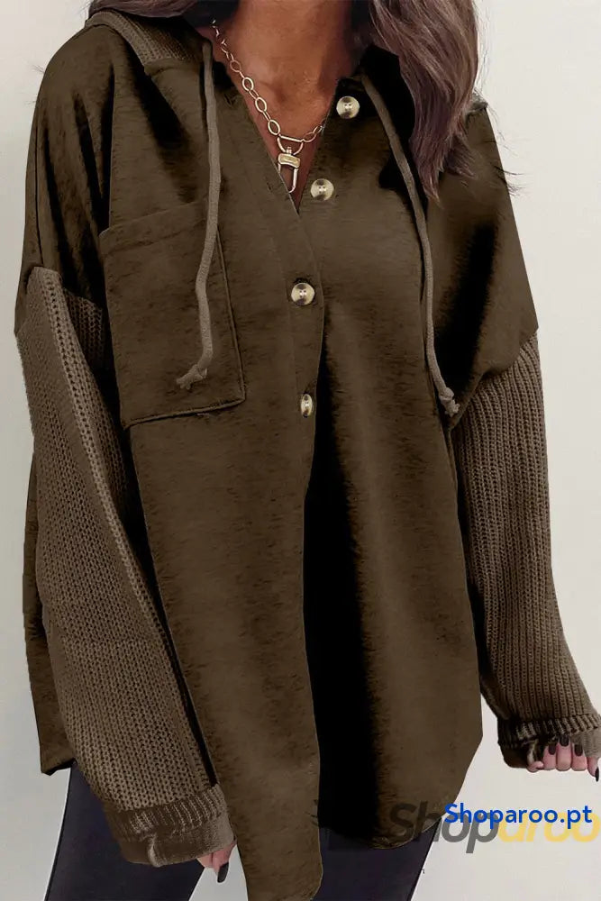 Dark Brown Button Up Contrast Knitted Sleeves Hooded Jacket