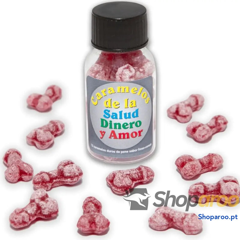 DIABLO PICANTE 12 DOCES SAÚDE DINHEIRO AMOR FORMATO DE PÊNIS MORANGO/CEREJA