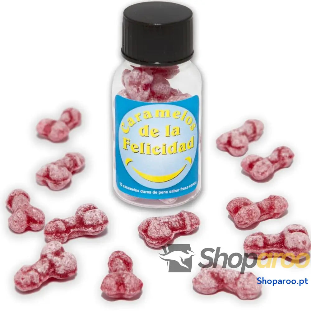 DIABLO PICANTE - POTE COM 12 DOCES DE MORANGO/CEREJA EM FORMATO DE PÊNIS FELIZ