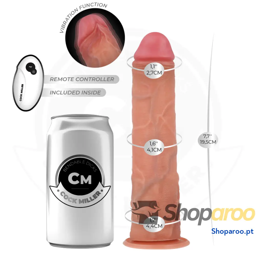 Dildo realista com ventosa e controlo remoto vibração 19,5 cm