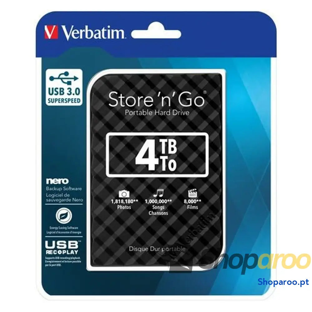Disco Duro Externo Verbatim Disco Duro Portátil Store 'n' Go USB 3.0 de 4 TB en color Negro USB 3.0