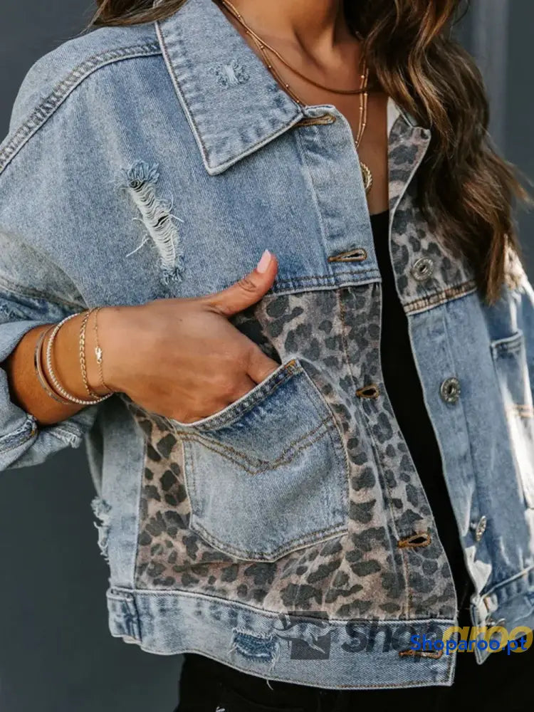 Distressed Leopard Drop Shoulder Denim Jacket