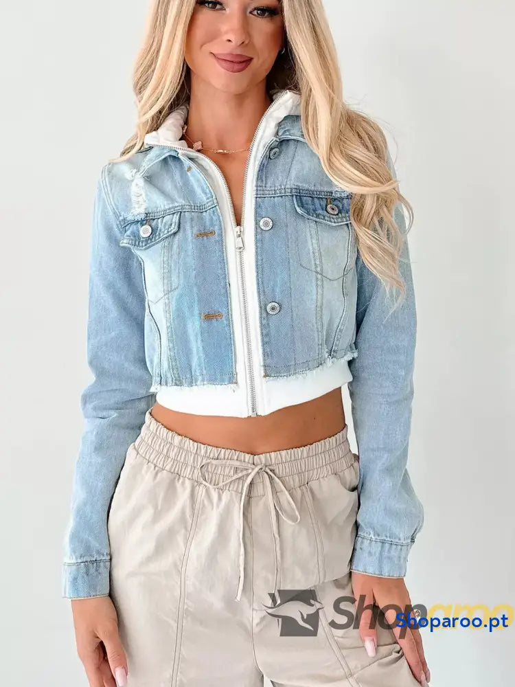 Distressed Zip Up Cropped Hooded Denim Jacket