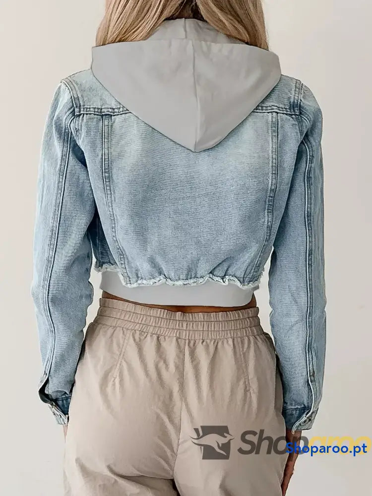 Distressed Zip Up Cropped Hooded Denim Jacket