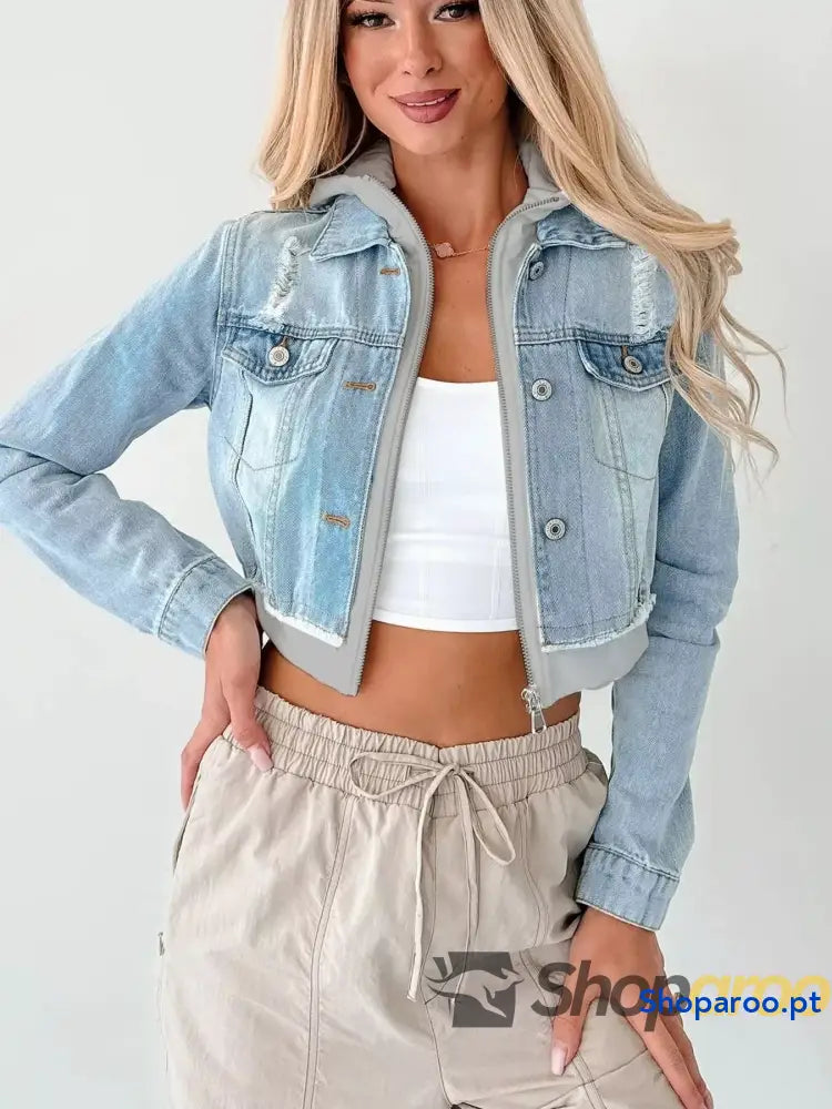 Distressed Zip Up Cropped Hooded Denim Jacket
