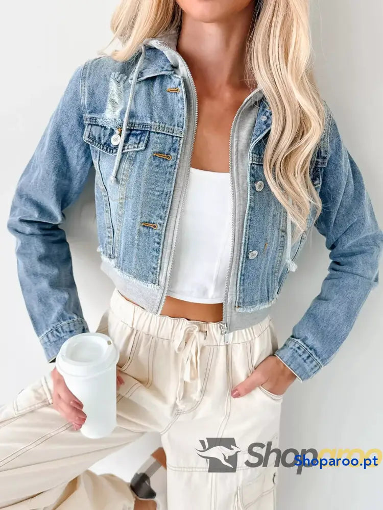 Distressed Zip Up Cropped Hooded Denim Jacket