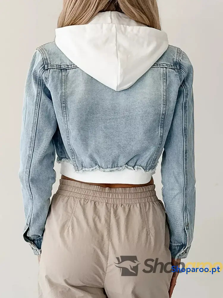 Distressed Zip Up Cropped Hooded Denim Jacket
