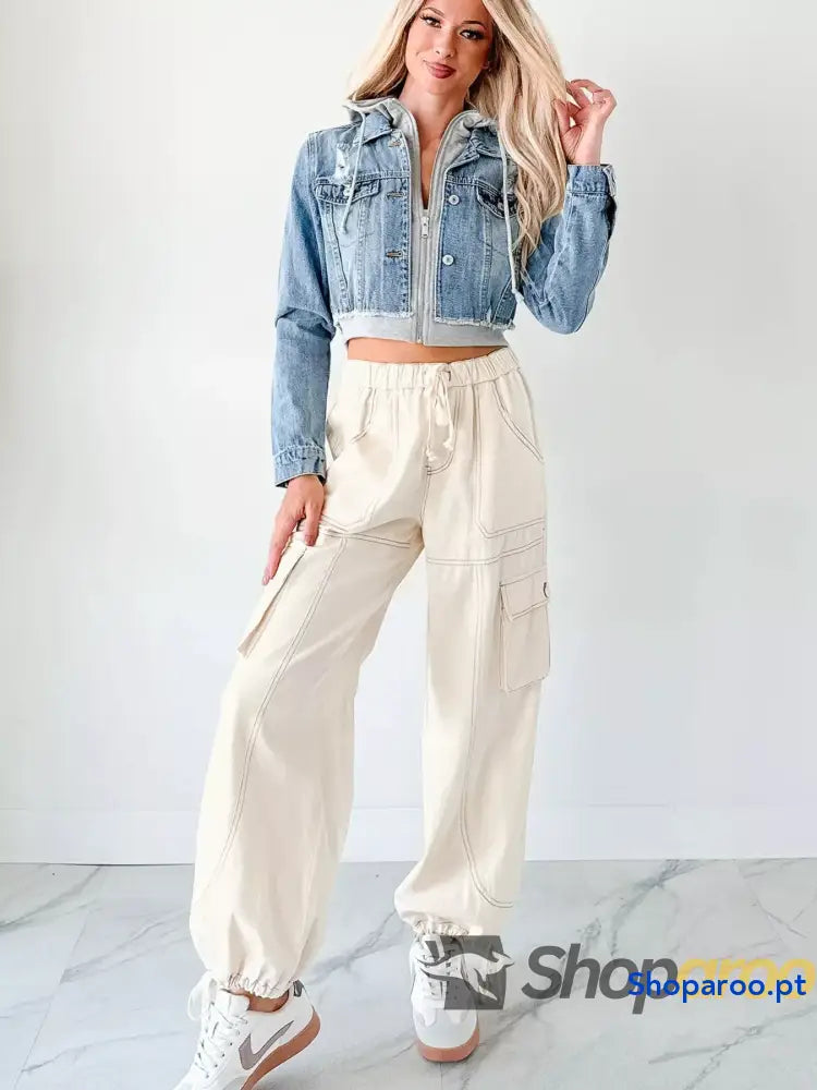 Distressed Zip Up Cropped Hooded Denim Jacket