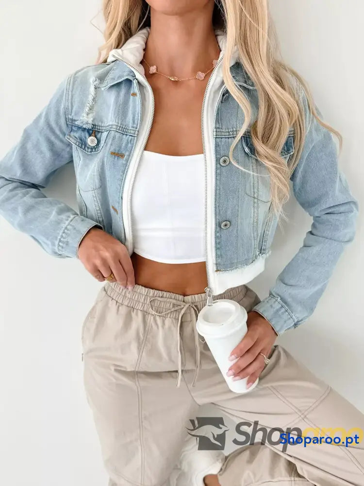 Distressed Zip Up Cropped Hooded Denim Jacket
