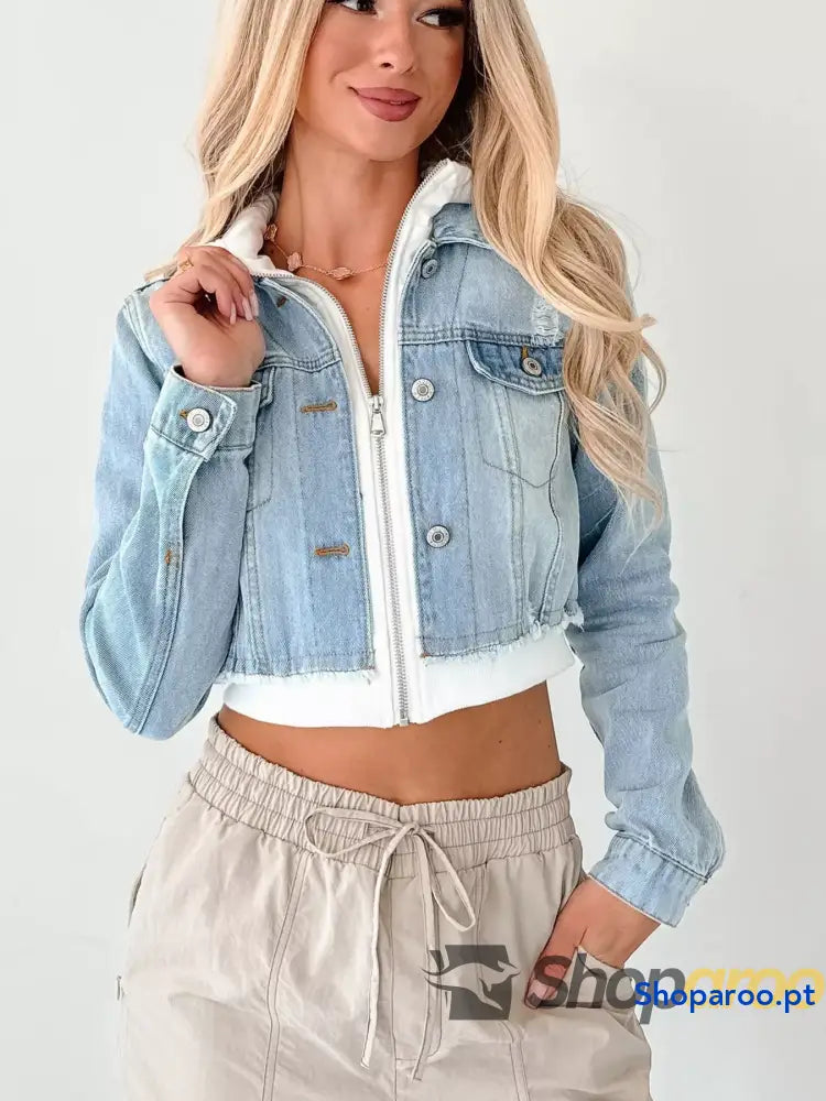 Distressed Zip Up Cropped Hooded Denim Jacket