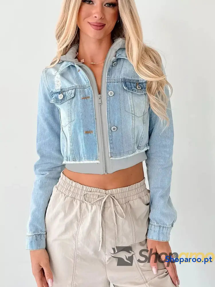 Distressed Zip Up Cropped Hooded Denim Jacket