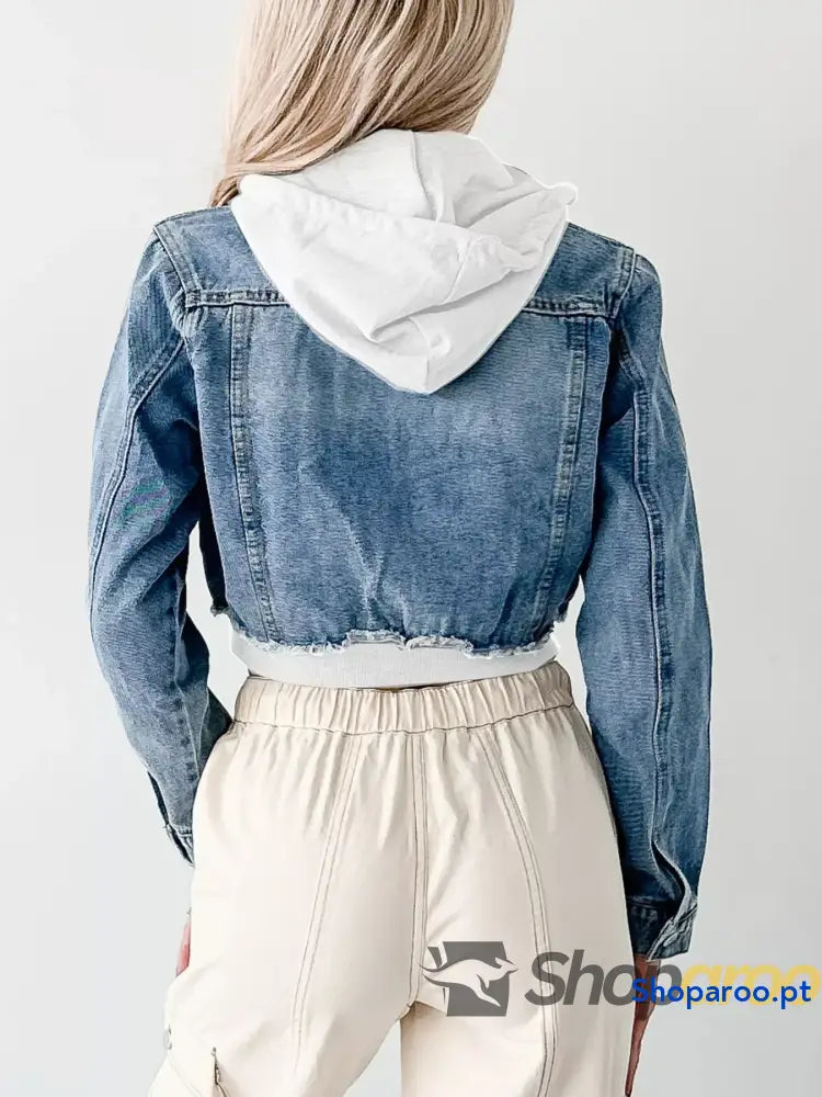 Distressed Zip Up Cropped Hooded Denim Jacket
