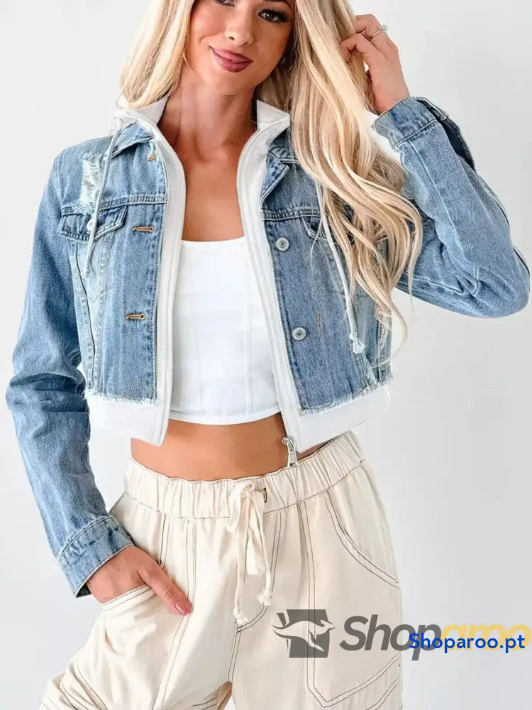 Distressed Zip Up Cropped Hooded Denim Jacket