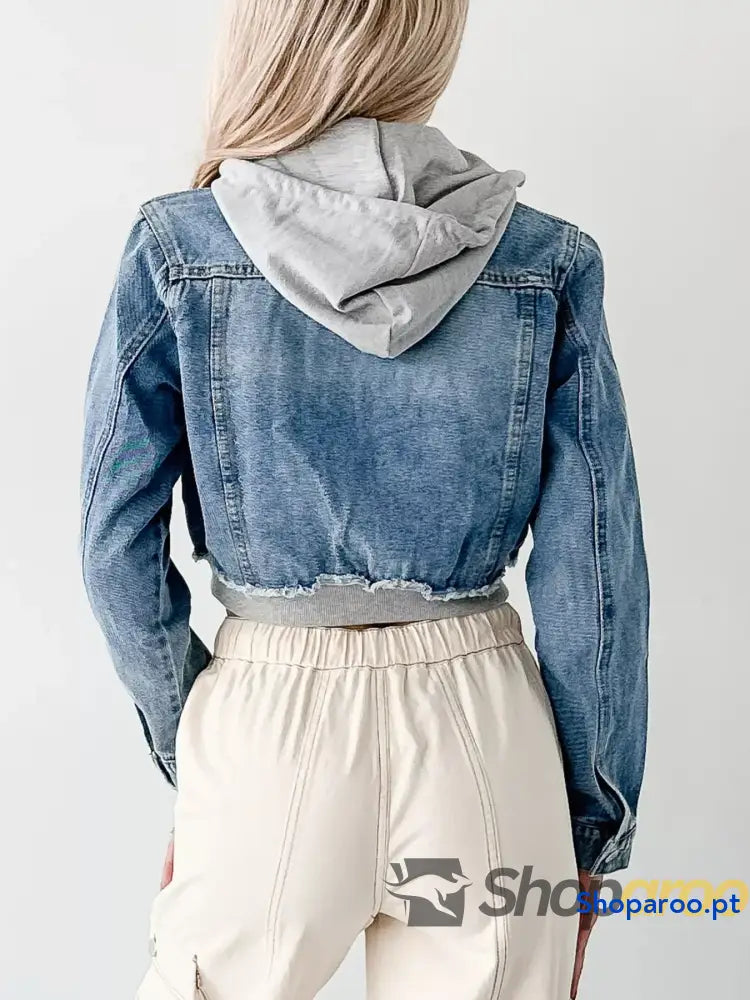Distressed Zip Up Cropped Hooded Denim Jacket