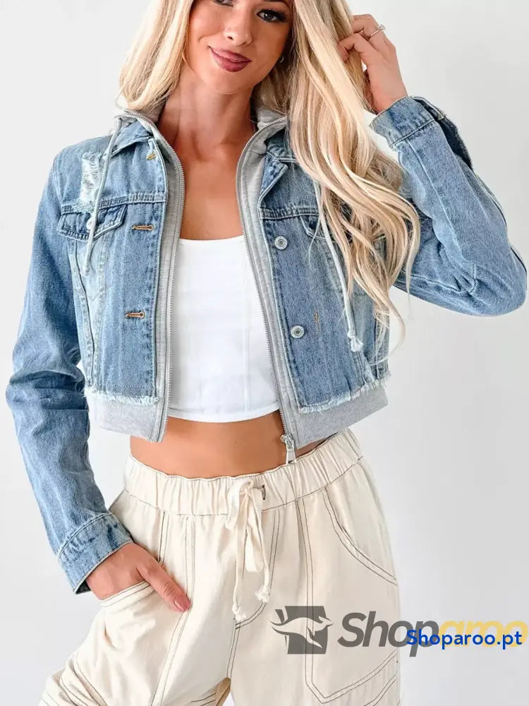 Distressed Zip Up Cropped Hooded Denim Jacket