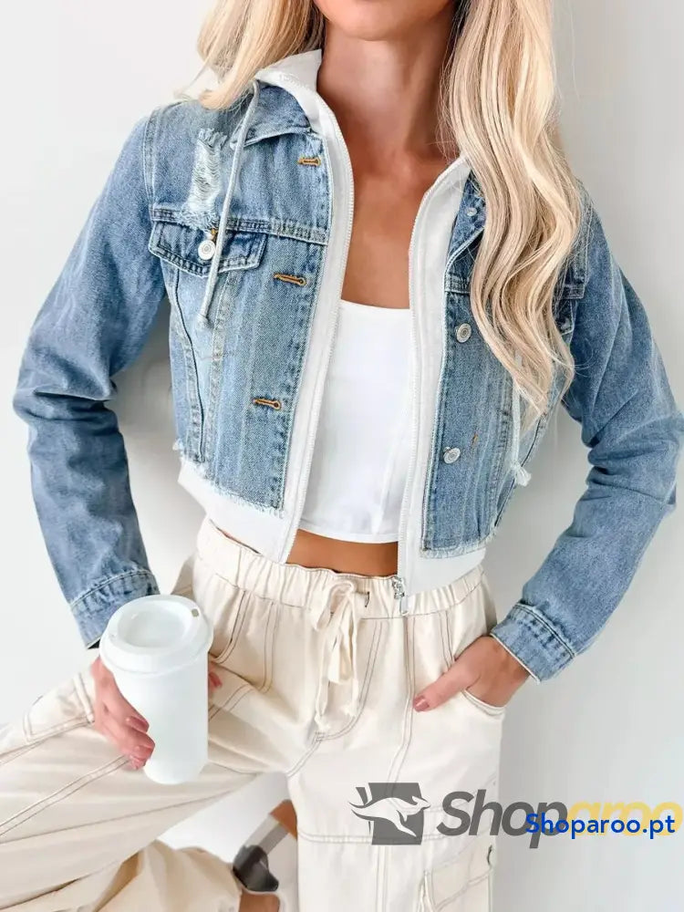 Distressed Zip Up Cropped Hooded Denim Jacket