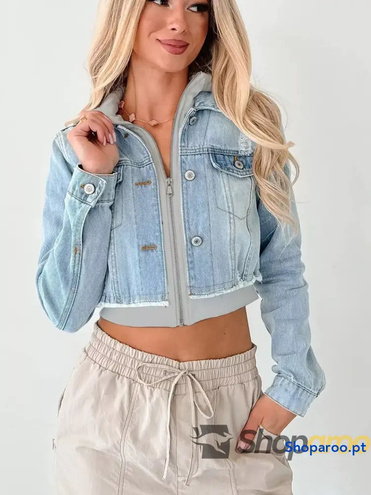 Distressed Zip Up Cropped Hooded Denim Jacket