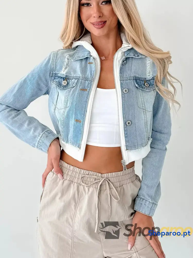 Distressed Zip Up Cropped Hooded Denim Jacket