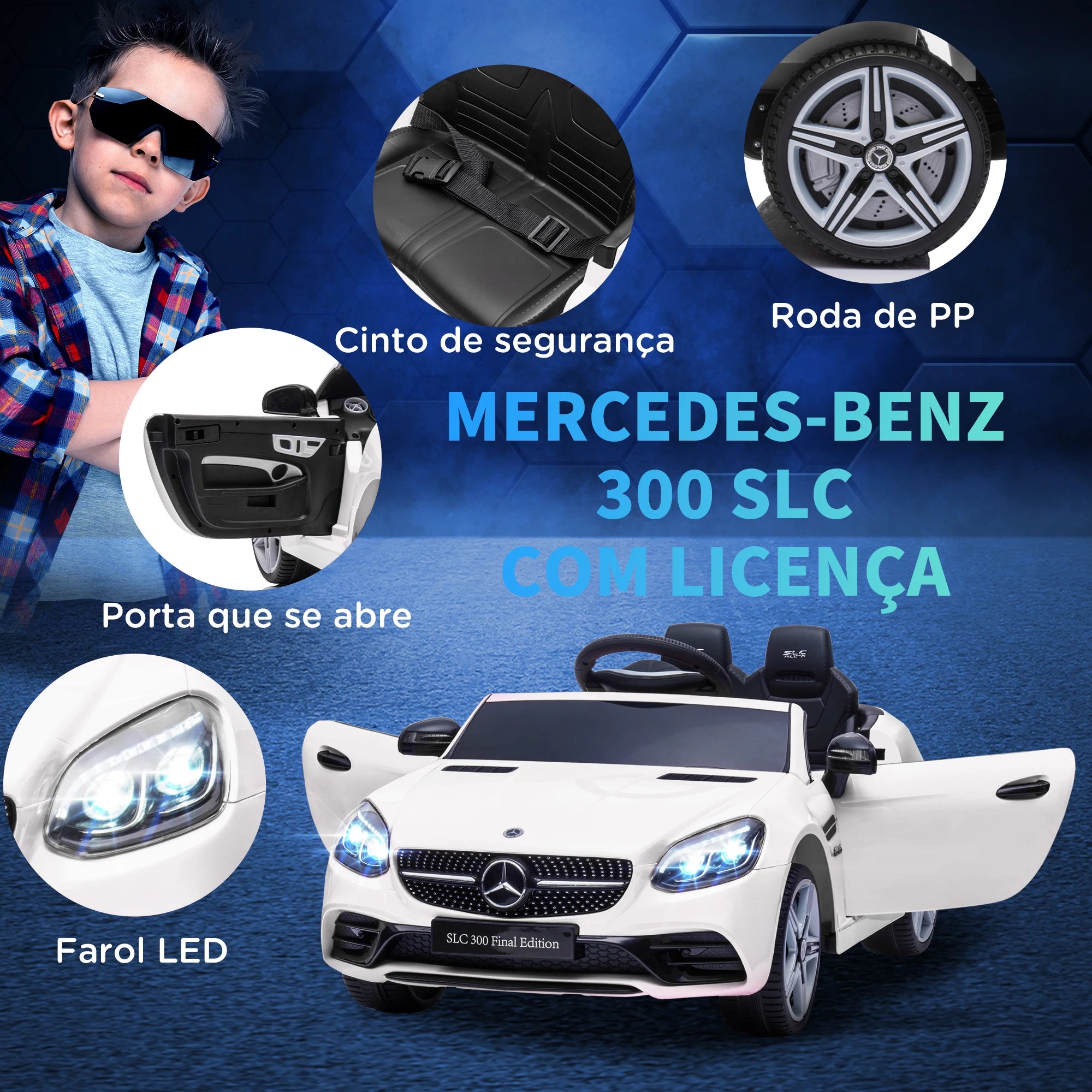 Carro Elétrico Mercedes SLC 300 12V com Faróis LED Buzina Música TF USB e Abertura da Porta 3-5km/h 107x62,5x44 cm Branco