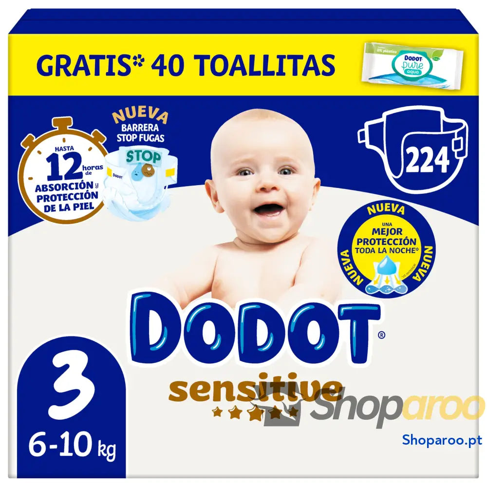Dodot Fraldas Bebé Sensitive Tamanho 4 (9 14 kg) 192 + Calças de Presente Até 12 h Proteção Anti Fugas e Cuidado