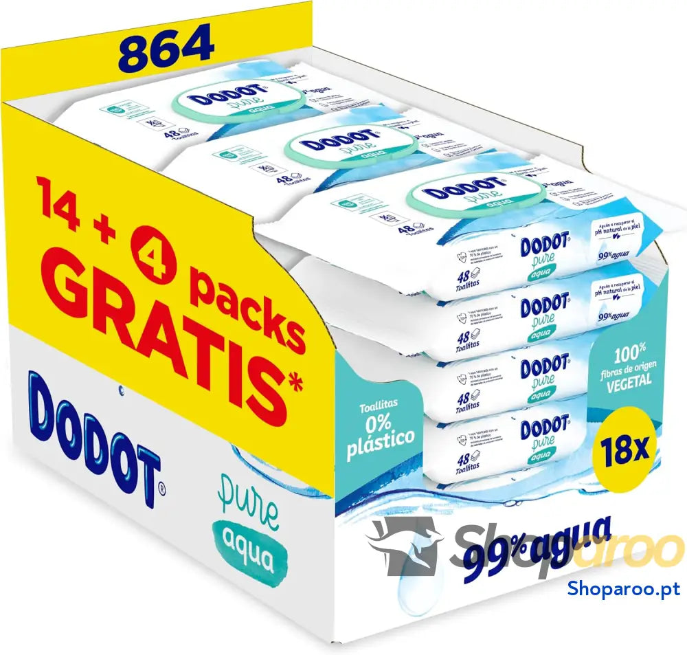 Dodot Toallitas Pure Aqua Para Bebé 864 (18 Packs de 48 Unidades) Ayuda A Restaurar El PH Natural De La Piel 99% Agua